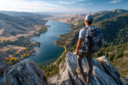 A lone hiker stands on a rocky outcrop, taking in breathtaking views of a river valley surrounded by mountains.の素材