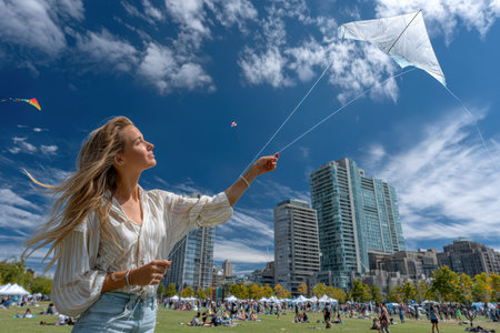 A woman enjoys flying her kite on a sunny afternoon in a bustling city park filled with people.の素材