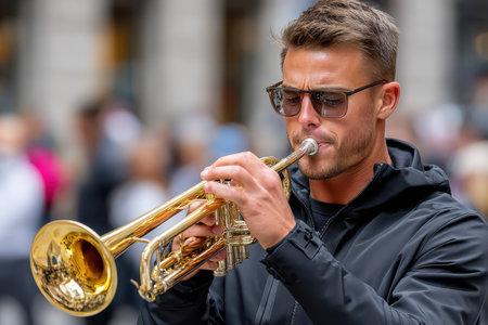 A skilled musician performs with his trumpet on a bustling street filled with passersby and excitement.の素材