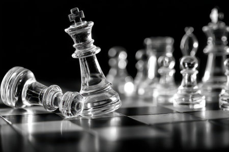 Closeup of glass chess pieces on a checkered boardの素材