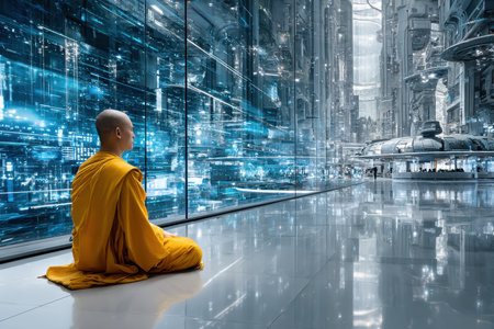 A monk in traditional robes meditates amid a vibrant, high-tech cityscape.の素材