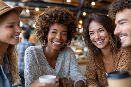Four friends share laughter and drinks at a warm cafe, creating a joyful atmosphere in the afternoon light.の素材