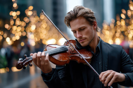 A skilled violinist plays passionately in a bustling city square surrounded by twinkling lights at night.の素材