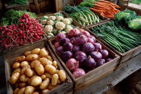 Assortment of fresh vegetables displayed in wooden crates at a marketの素材