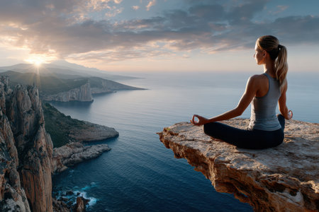 Woman practices yoga at sunrise on a cliff overlooking the oceanの素材