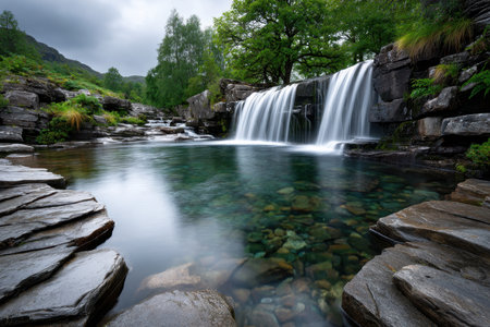 A waterfall flows into a crystal clear pool surrounded by rocks and treesの素材