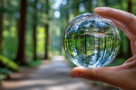 A hand holds a crystal ball reflecting a forest pathの素材