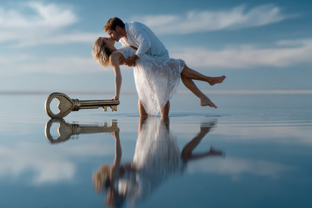 A couple embraces passionately while standing in shallow water, with a key beside them as the sun sets.の写真素材