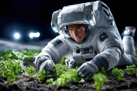 An astronaut carefully tends to lettuce plants growing in soil under artificial lights at night.の写真素材