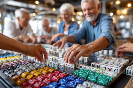 Group of seniors engages in a fun dice game, surrounded by colorful dice and a warm atmosphere.の写真素材