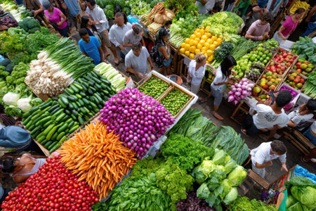 A vibrant, high-angle shot of a bustling farmers market, filled with fresh produce and lively people, using a drone camera to capture the scene, with a narrative twist of a sudden flash mob performance, ultrarealistic photo --ar 3:2 --raw --profile nk3i4wf --stylize 250 --v 7 Job ID: 6b23517d-530f-470d-9a59-f37359b8a63eの写真素材