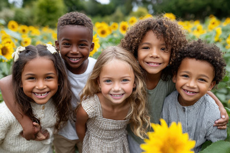 Five children smile brightly while standing together in a field of tall sunflowers, enjoying a sunny day.の写真素材