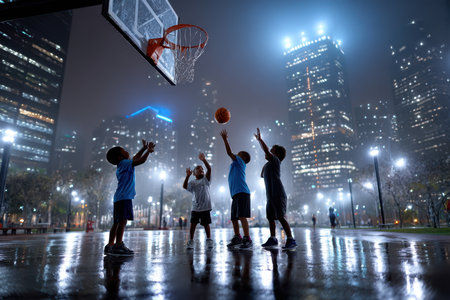Four children are practicing basketball in a city park at night, illuminated by bright city lights.の写真素材