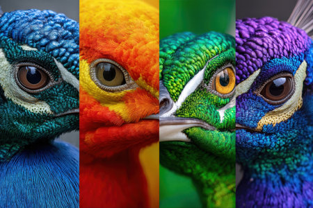 Close-up views reveal the intricate colors and textures of four different bird species, highlighting their beauty.の素材