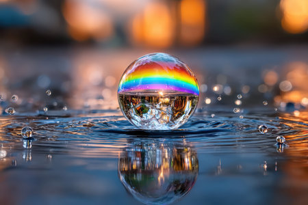 A rainbow colored bubble floats on water with surrounding droplets and ripplesの素材