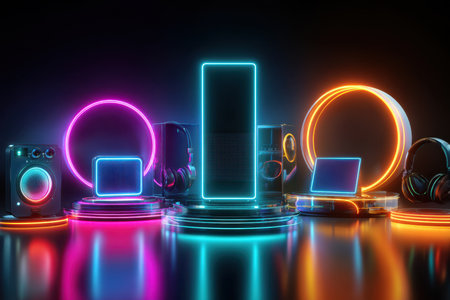 A glowing arrangement of speakers, headphones, and a laptop illuminated with vibrant neon colors.の素材