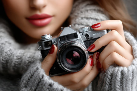 A woman with red nails and soft lips takes a photo with a vintage camera in a cozy environment.の素材