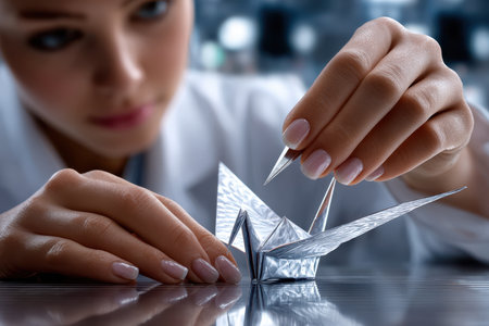 A scientist focuses intently while folding a metallic origami crane using a pencil, showing precision and skill.の素材