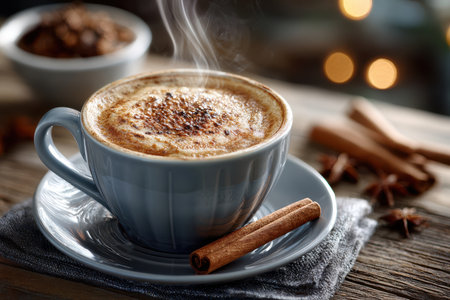 A detailed shot of a steaming cup of coffee on a rustic wooden table, creating a cozy atmosphere, under soft morning light, taken with a DSLR, as a hint of cinnamon is sprinkled on topの素材