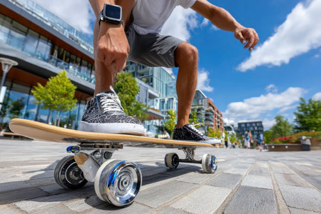 Closeup view of a skateboarders feet on a board in a city settingの素材