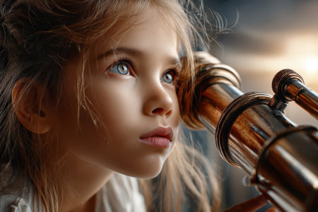 A girl explores the wonders of the universe, peering through a telescope with focused eyes at dusk.の素材
