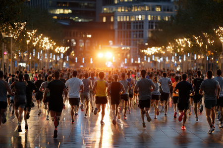 Numerous individuals participate in a lively run along a city street decorated with twinkling lights at dusk.の写真素材