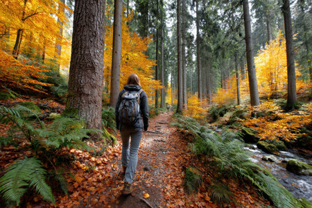 A hiker with a backpack walks a forested trail next to a stream in autumnの写真素材