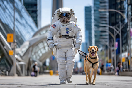 An astronaut takes a leisurely stroll with a cheerful dog on a busy city street under a clear blue sky.の写真素材