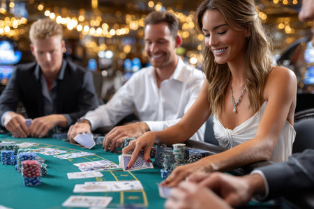 Friends gather around a poker table in a lively casino, sharing laughter and excitement during game night.の写真素材