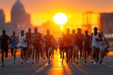 Runners compete in a marathon race during a vibrant sunsetの写真素材