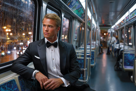 A well-dressed man sits thoughtfully in a subway car as raindrops blur the view outside at night.の写真素材