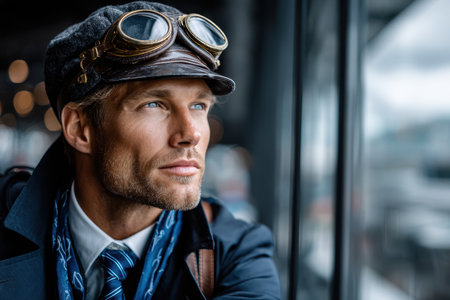 A man wearing a retro aviator cap and goggles reflects while looking out a terminal window during daylight.の素材