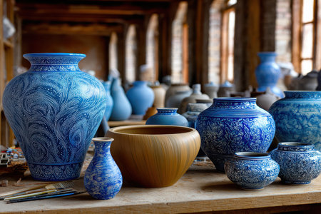 Various handcrafted pottery pieces are arranged on a wooden table in a bright workshop, highlighting artistry.の素材