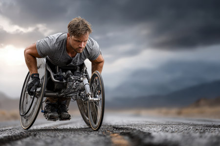 Man in wheelchair races across an empty road, showing determination against a dramatic sky.の素材