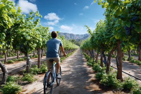 A person rides a bicycle on a path surrounded by green vines and mountains in bright daylight.の素材