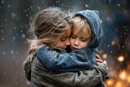 Two children share a warm hug in a snowy forest, surrounded by falling snowflakes and a cozy atmosphere.の素材