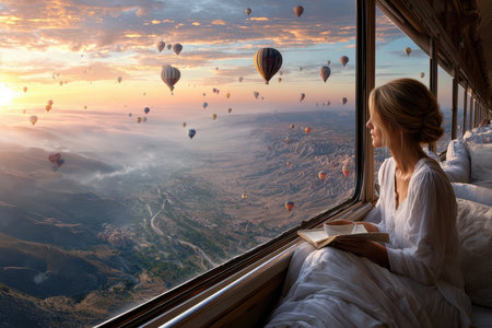 A woman in a white dress sits by a train window, watching hot air balloons soar amidst colorful skies at dawn.の素材