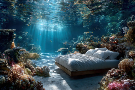 A unique bedroom set beneath crystal clear water, surrounded by colorful coral and tropical fish.の素材