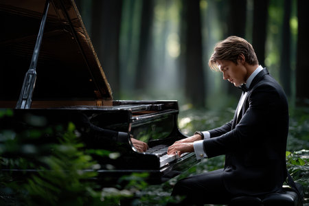 A talented pianist in formal wear plays a grand piano surrounded by lush greenery and dappled sunlight.の素材