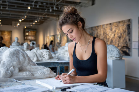 A young woman is focused on drawing in a notebook while surrounded by sculptures in an art gallery.の素材