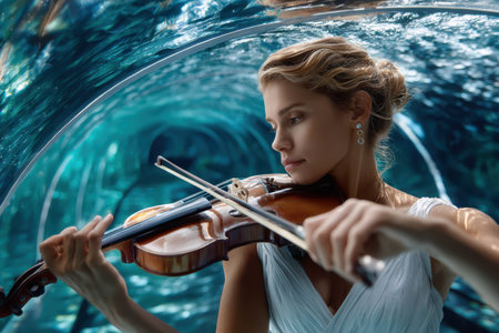 Musician in elegant attitude expertly plays a violin while surrounded by colorful marine life in an aquarium tunnel.の素材