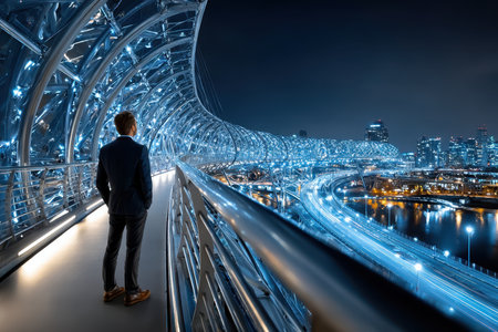 A man standing on a bridge, looking at a futuristic cityscape at dusk, shot with a long exposure to capture the city's lights, representing the intersection of humanity and technology, ultrarealistic photo --ar 3:2 --raw --profile nk3i4wf --stylize 250 --v 7 Job ID: 1c357012-2e8f-4328-a5e3-a3bf474f8474の素材