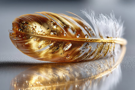 A minimalist shot of a single feather on a white background, conveying simplicity and elegance, under soft studio lighting, using a macro lens on a mirrorless camera, where the feather is made of goldの素材