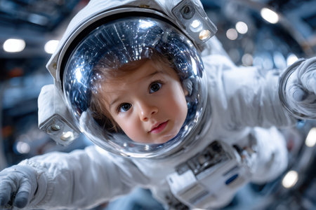 A young child in an astronaut suit curiously gazes at the camera in a fun, space-themed setting.の素材