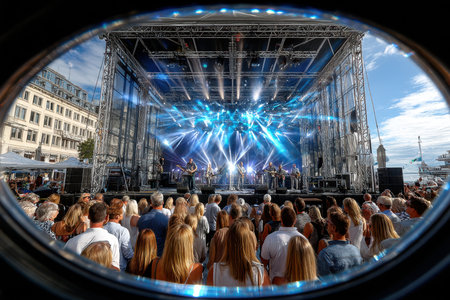 A crowd watches a band perform on an outdoor stageの写真素材