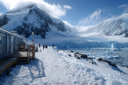 Visitors stroll along a snowy path next to stunning ice formations and towering mountains in Antarctica.の素材