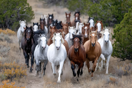 A herd of wild horses gallops through a desert landscapeの素材
