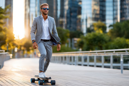 A man dressed in a sharp suit skates confidently on a boardwalk at sunset, surrounded by modern buildings.の素材