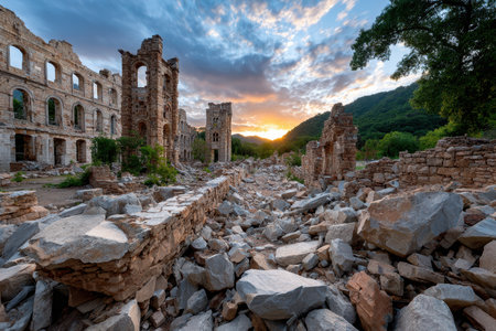 Remains of a historic stone building at sunset, surrounded by rubble and treesの素材