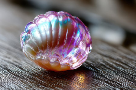 An iridescent seashell rests on a dark, textured wooden surfaceの素材
